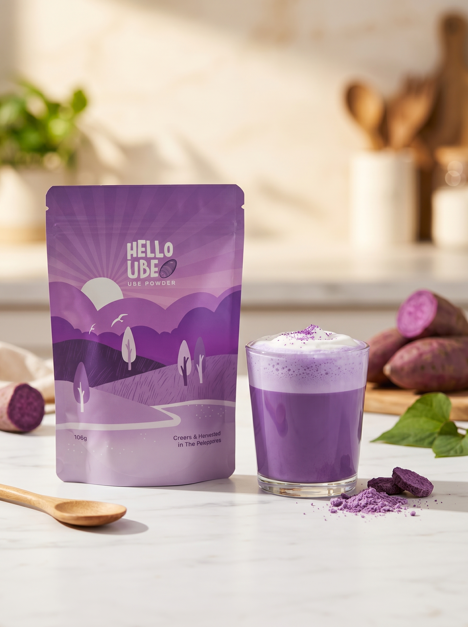 Purple ube powder package with a glass of ube-flavored drink on a kitchen counter.